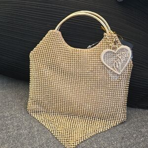Gold Crystal Mesh Top-Handle Women’s Bag With Chain 7 1/2 x 5